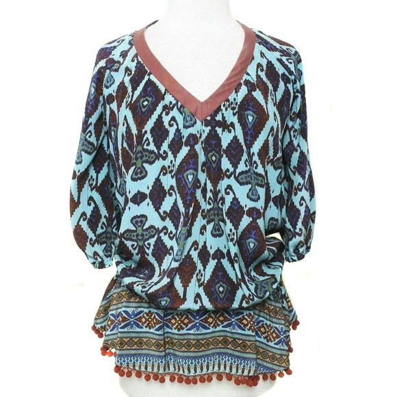 PLENTY TRACY REESE Colorful Tribal Pattern Peplum Boho Silk Pompom Trim Blouse - Picture 2 of 6